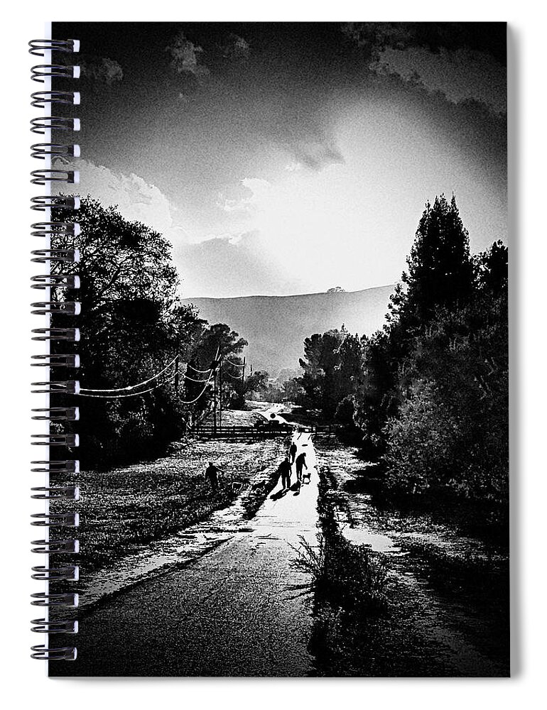Black And White Spiral Notebook featuring the photograph The Dog Walkers by Brad Hodges
