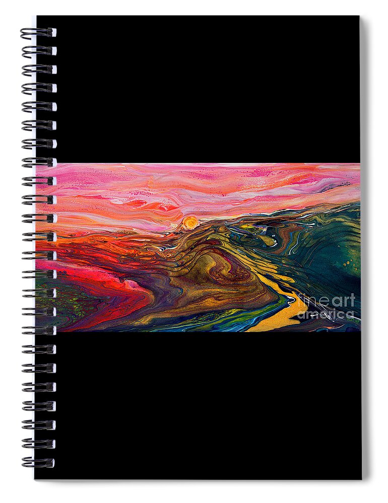 Energetic Fun Impressionist Landscape Fantasy Sunset Vibrant Compelling Striking Abstract Seascape Alien World Spiral Notebook featuring the painting The Escape Scape 5294 w by Priscilla Batzell Expressionist Art Studio Gallery