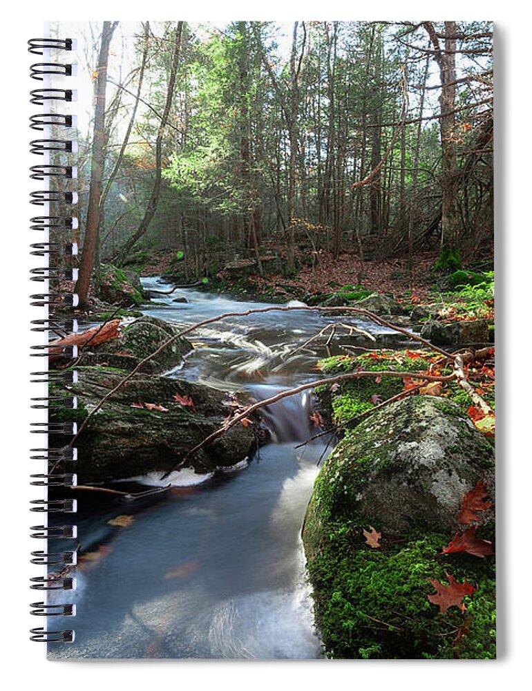 Trout Brook Reservation Holden Jefferson Ma Mass Massachusetts New England Newengland U.s.a. Usa Outside Outdoors Nature Landscape Natural Sun Star Sunstar River Stream Moss Mossy Forest Woods Trees Brian Hale Brianhalephoto Spiral Notebook featuring the photograph The Forest Stream by Brian Hale