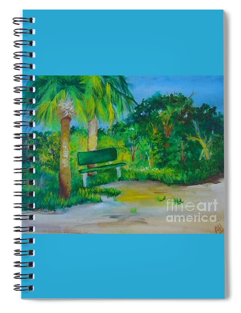 Green Spiral Notebook featuring the painting The Green Bench by Saundra Johnson