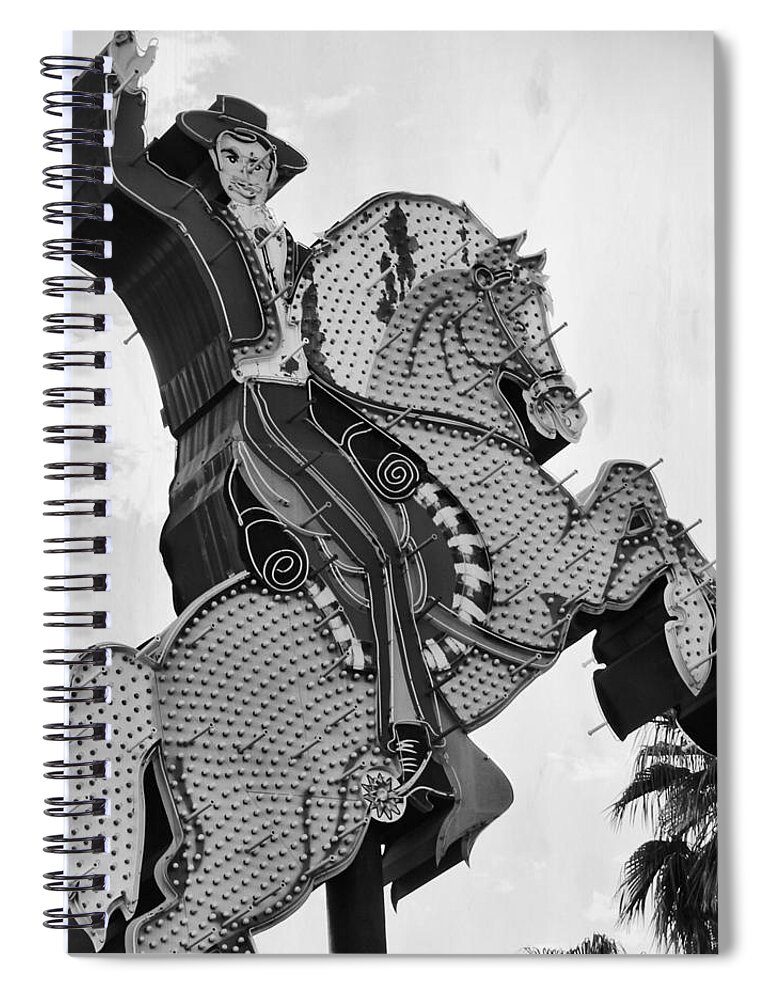Cowboy Spiral Notebook featuring the photograph The Hacienda Horse And Rider Neon Sign BW by Mary Pille