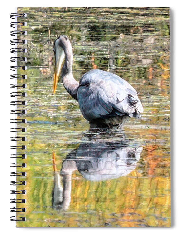 Reflection Spiral Notebook featuring the digital art The Heron's Reflection by Susan Hope Finley