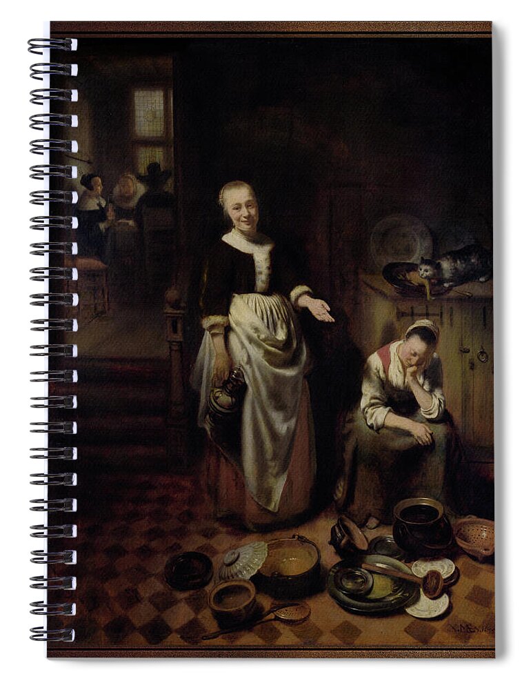 The Idle Servant Spiral Notebook featuring the painting The Idle Servant by Nicolaes Maes Old Masters Reproductions by Rolando Burbon