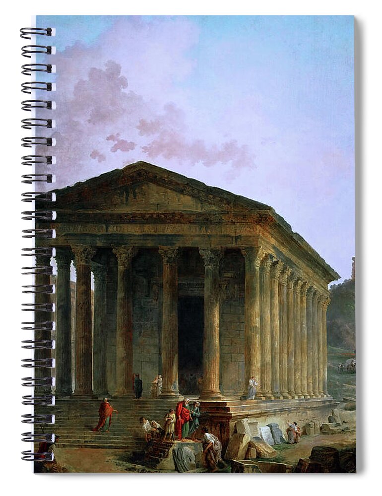 Maison Carée Spiral Notebook featuring the digital art The Maison Caree the Arenas and the Magne Tower in Nimes by Hubert Robert by Rolando Burbon
