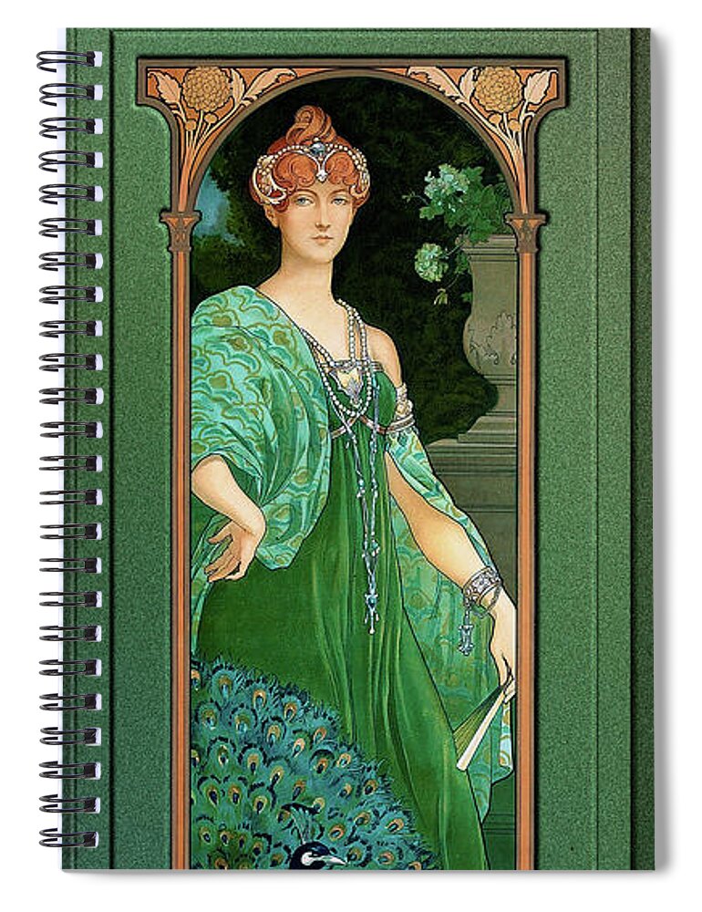 The Majestic Peacock Spiral Notebook featuring the painting The Majestic Peacock by Elisabeth Sonrel by Rolando Burbon