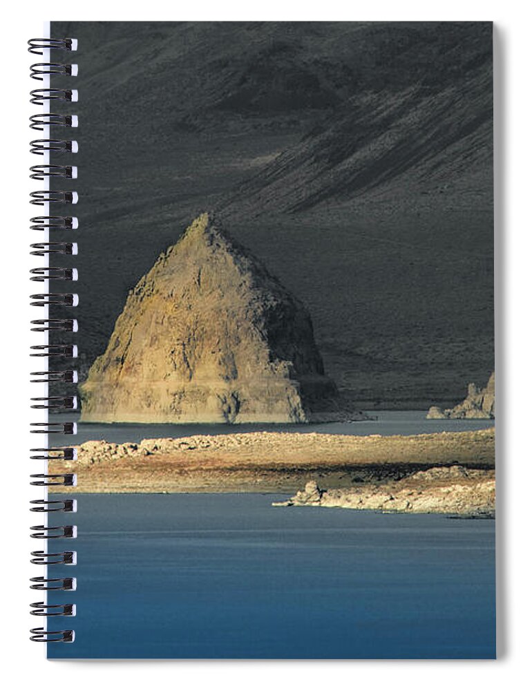 Pyramid Lake; Nevada Spiral Notebook featuring the photograph The Pyramid in Last Light by Janis Knight