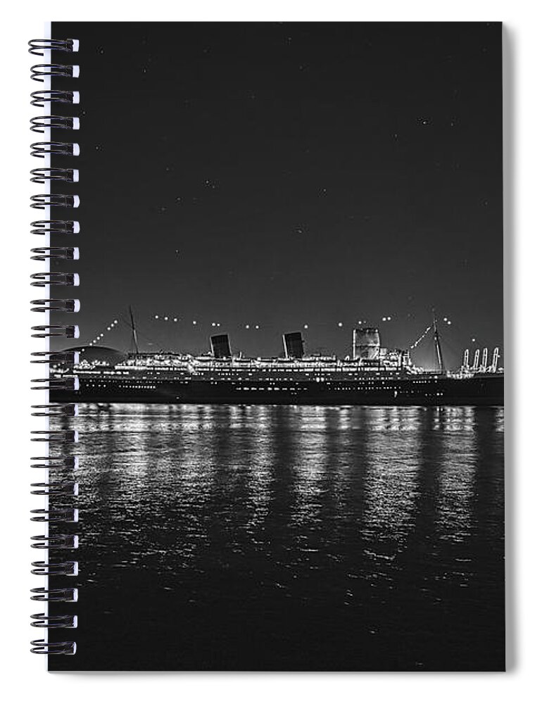 Queen Mary Spiral Notebook featuring the photograph The Queen Under The Stars - B and W by Gene Parks