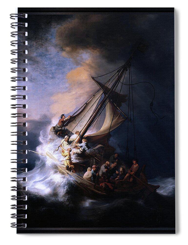 The Storm On The Sea Of Galilee Spiral Notebook featuring the digital art The Storm on the Sea of Galilee by Rembrandt van Rijn by Xzendor7