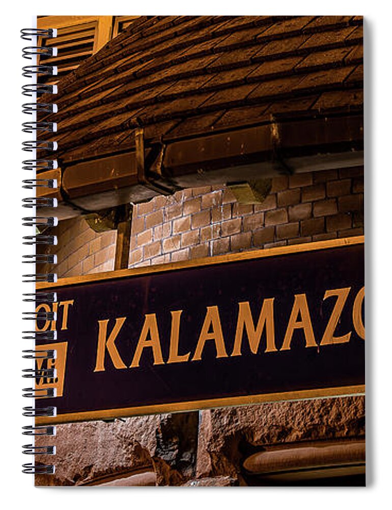 Kalamazoo Spiral Notebook featuring the photograph The Train Station Sign in Kalamazoo by William Christiansen