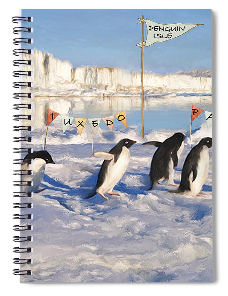 Penguins Spiral Notebook featuring the mixed media The Tuxedo Parade by Colleen Taylor