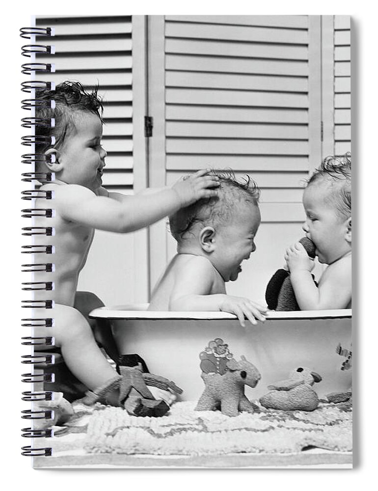 People Spiral Notebook featuring the photograph Three Babies In Wash Tub, Bathing by H. Armstrong Roberts