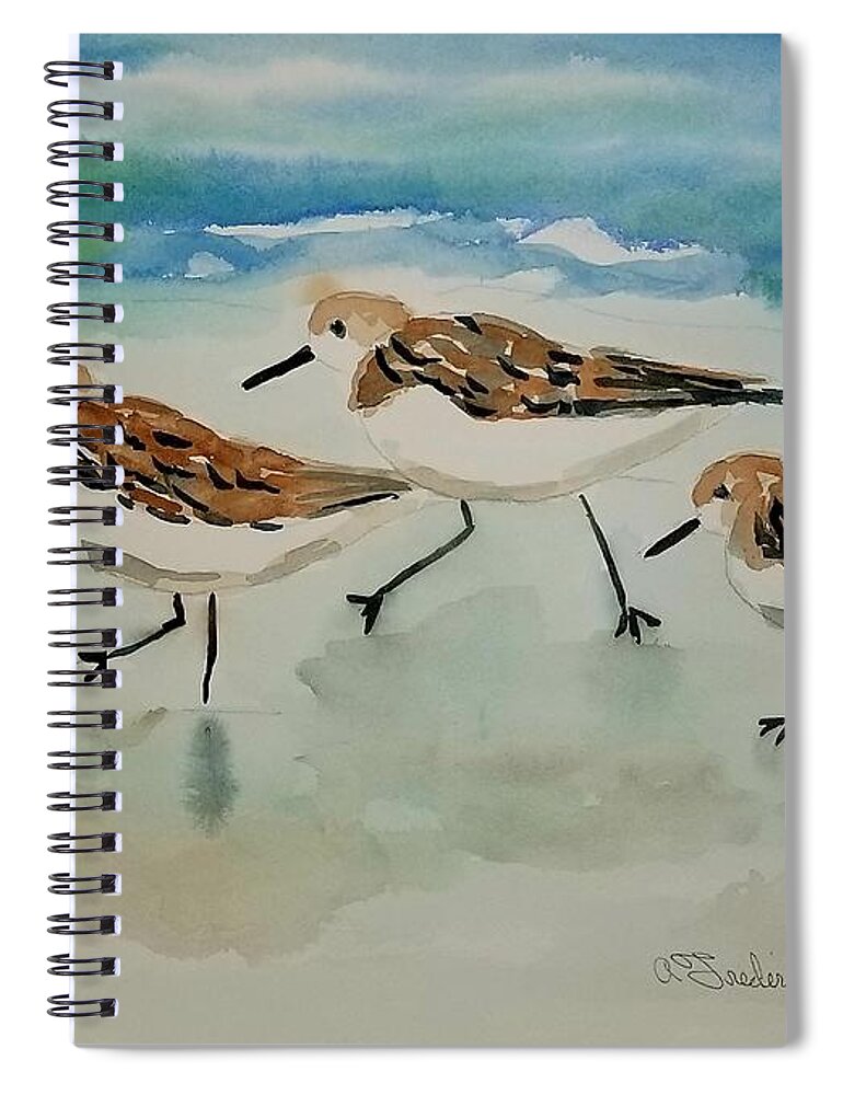 Plovers Spiral Notebook featuring the painting Three birds at the beach by Ann Frederick