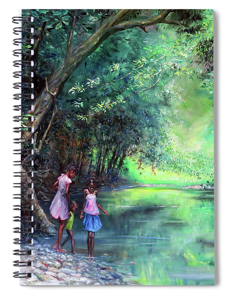 Caribbean Art Spiral Notebook featuring the painting Three Children by the River by Jonathan Gladding
