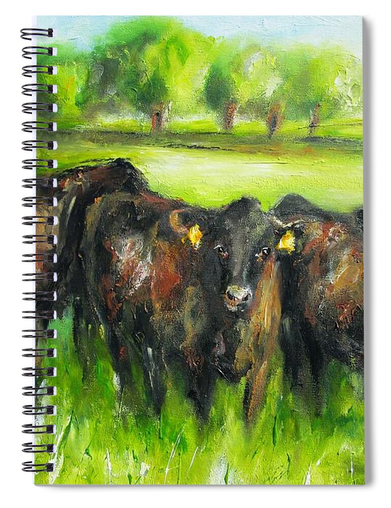 Bovine Art Spiral Notebook featuring the painting Painting of three irish cows by Mary Cahalan Lee - aka PIXI