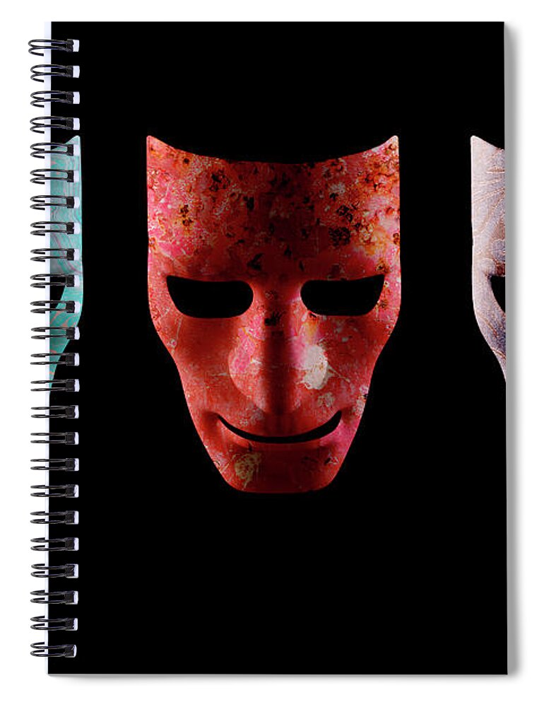 Mask Spiral Notebook featuring the photograph Three textured AI robotic face masks by Simon Bratt