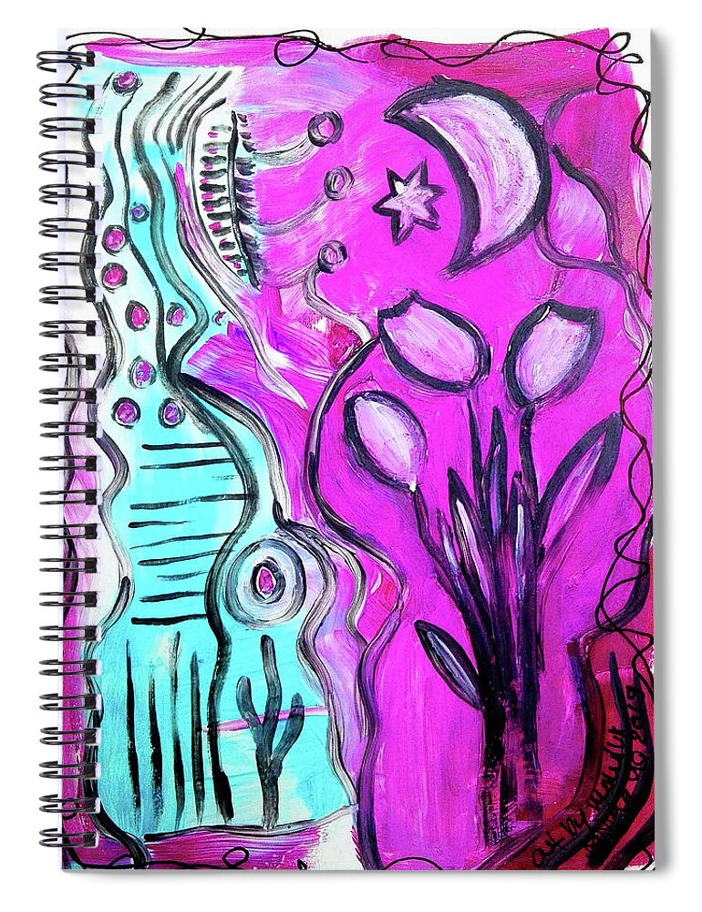 Moon Spiral Notebook featuring the painting Three Tulips under the Moon by Mimulux Patricia No