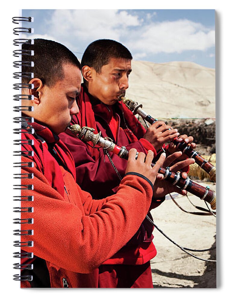 Chinese Culture Spiral Notebook featuring the photograph Tibetan Monks Playing Buddhist Horns by Hadynyah