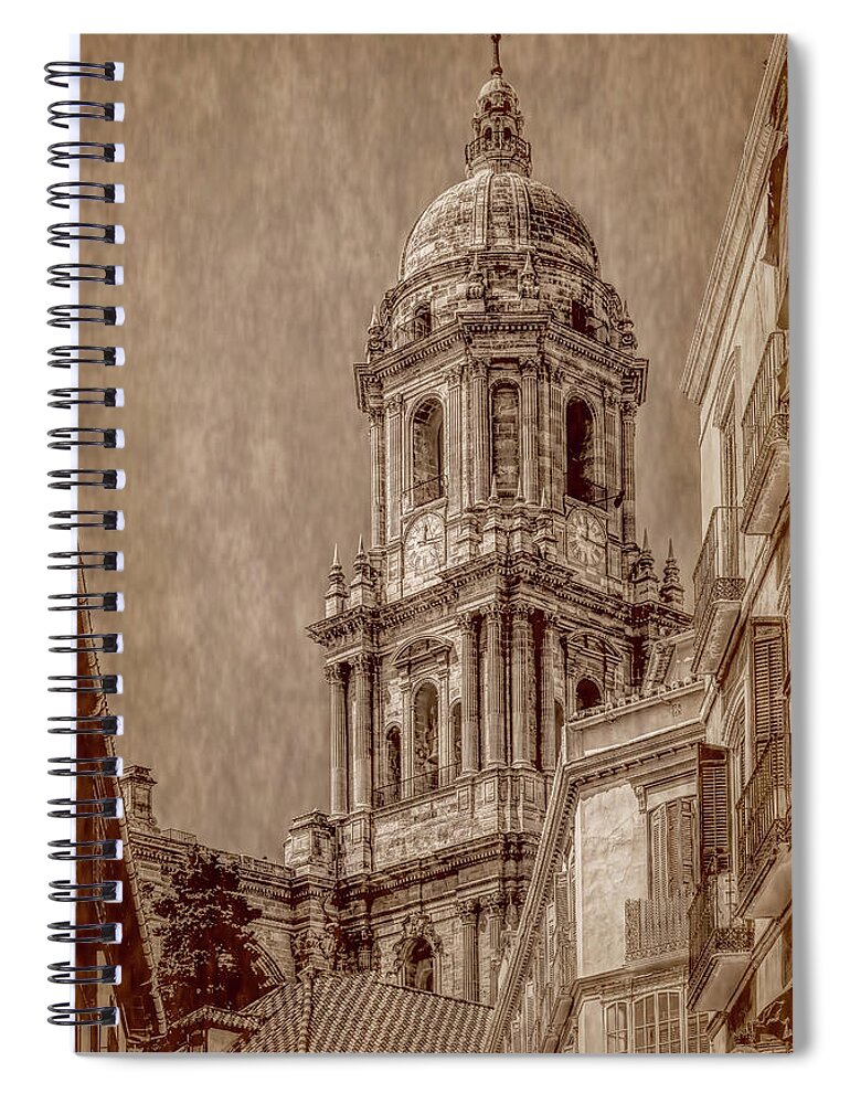 Cathedral Of Malaga Spiral Notebook featuring the photograph Towering Above Malaga, Sepia Vertical by Marcy Wielfaert