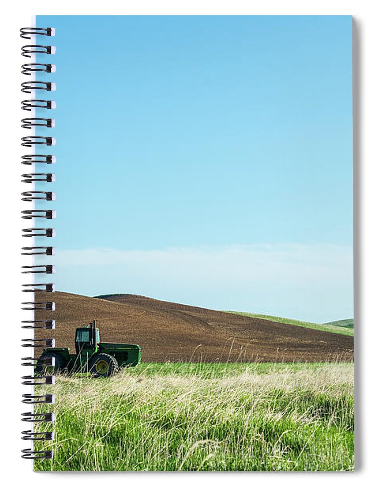 Outdoor; Wheat Field; Tractor; Palouse; Spring; East Washington; Washington Beauty Spiral Notebook featuring the digital art Tractor and rolling wheat field at Palouse by Michael Lee