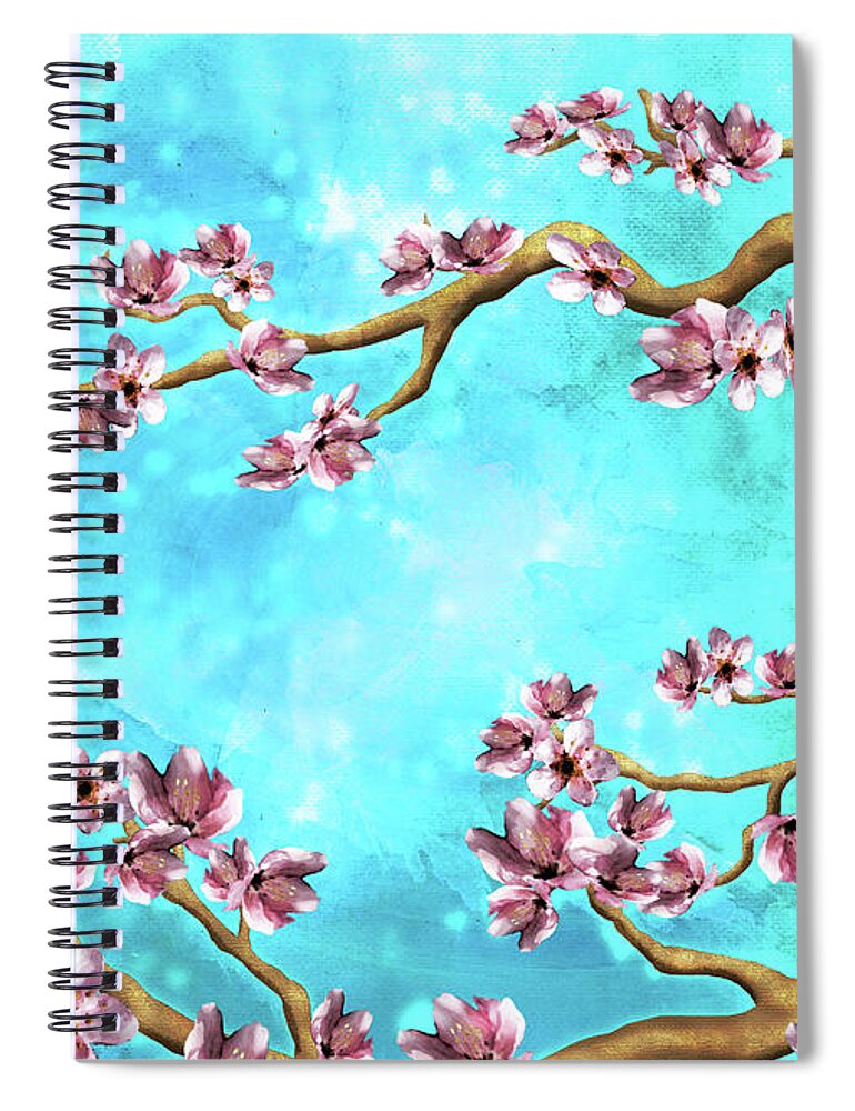 Cherry Blossoms Spiral Notebook featuring the digital art Tranquility Blossoms in Blue and Pink by Laura Ostrowski