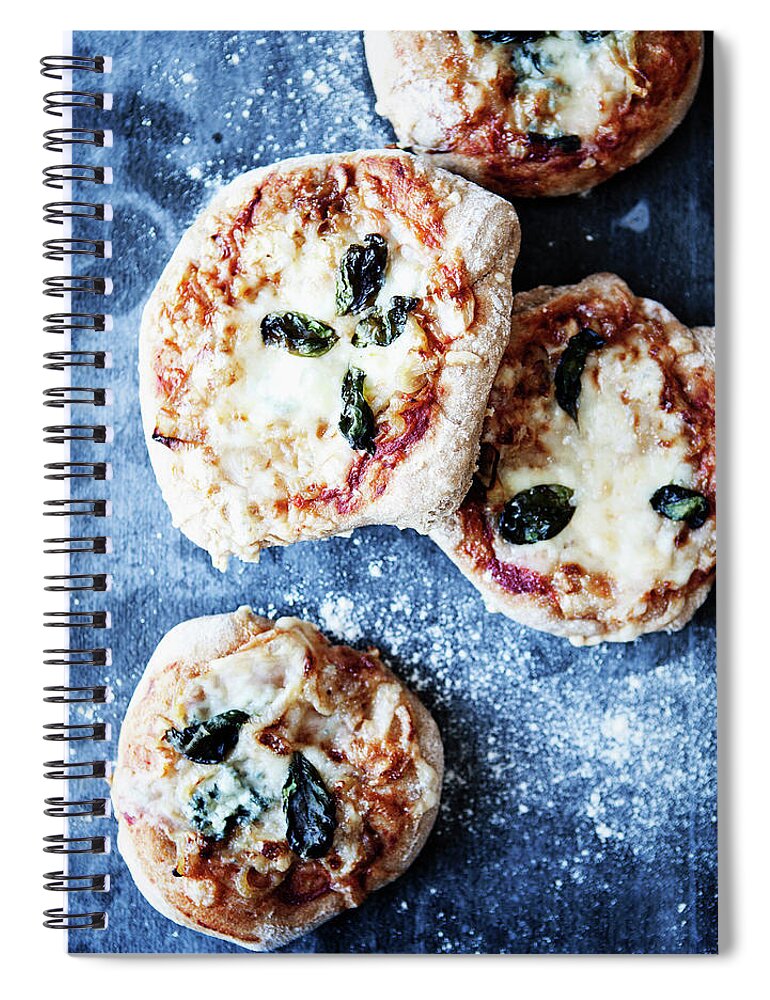 Bun Spiral Notebook featuring the photograph Tray Of Pizzas With Herbs by Line Klein