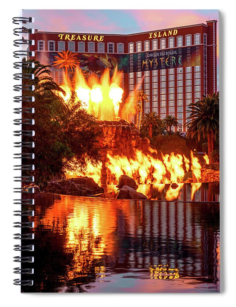 Treasure Island Spiral Notebook featuring the photograph Treasure Island and the Mirage Volcano at Sunset by Aloha Art
