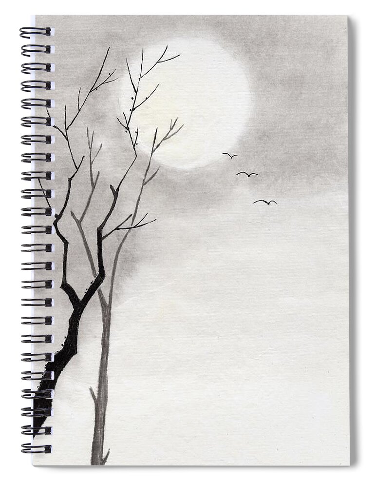 Scenics Spiral Notebook featuring the digital art Trees And Moon, Ink Painting, Vignette by Daj