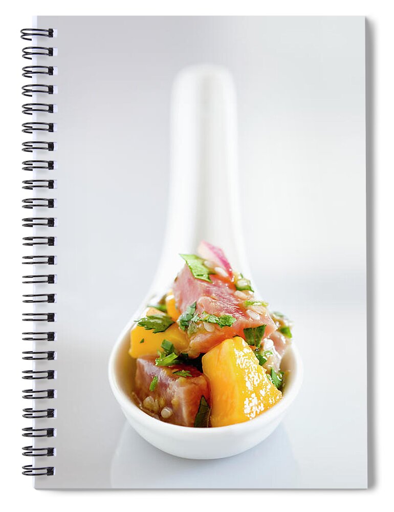 Mango Fruit Spiral Notebook featuring the photograph Tuna Ceviche In Asian Soup Spoon by Inti St. Clair