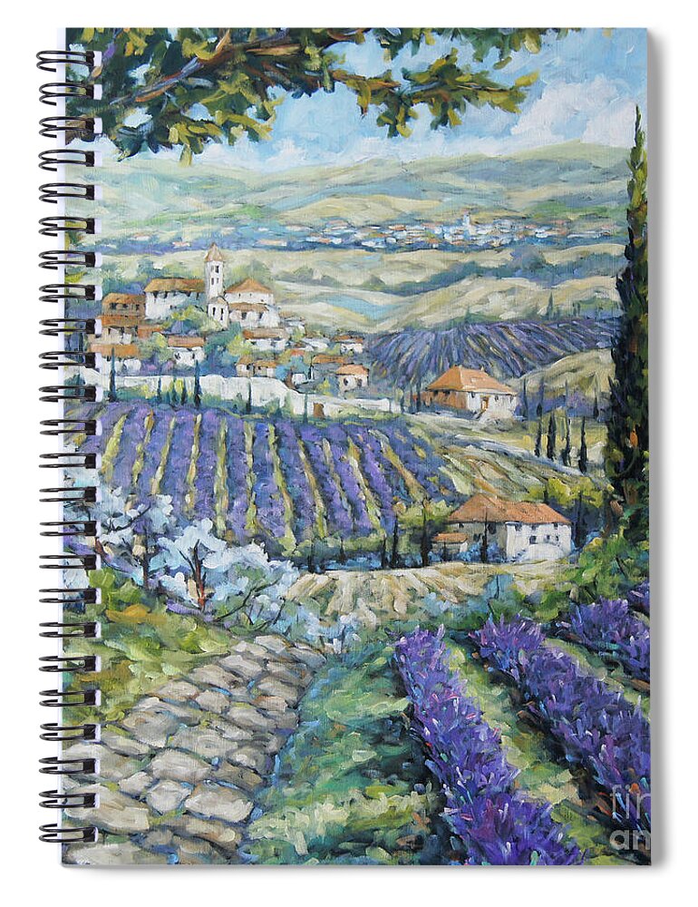 Lavender30x30x1.5 Spiral Notebook featuring the painting Tuscan Lavender Valleys by Prankearts by Richard T Pranke