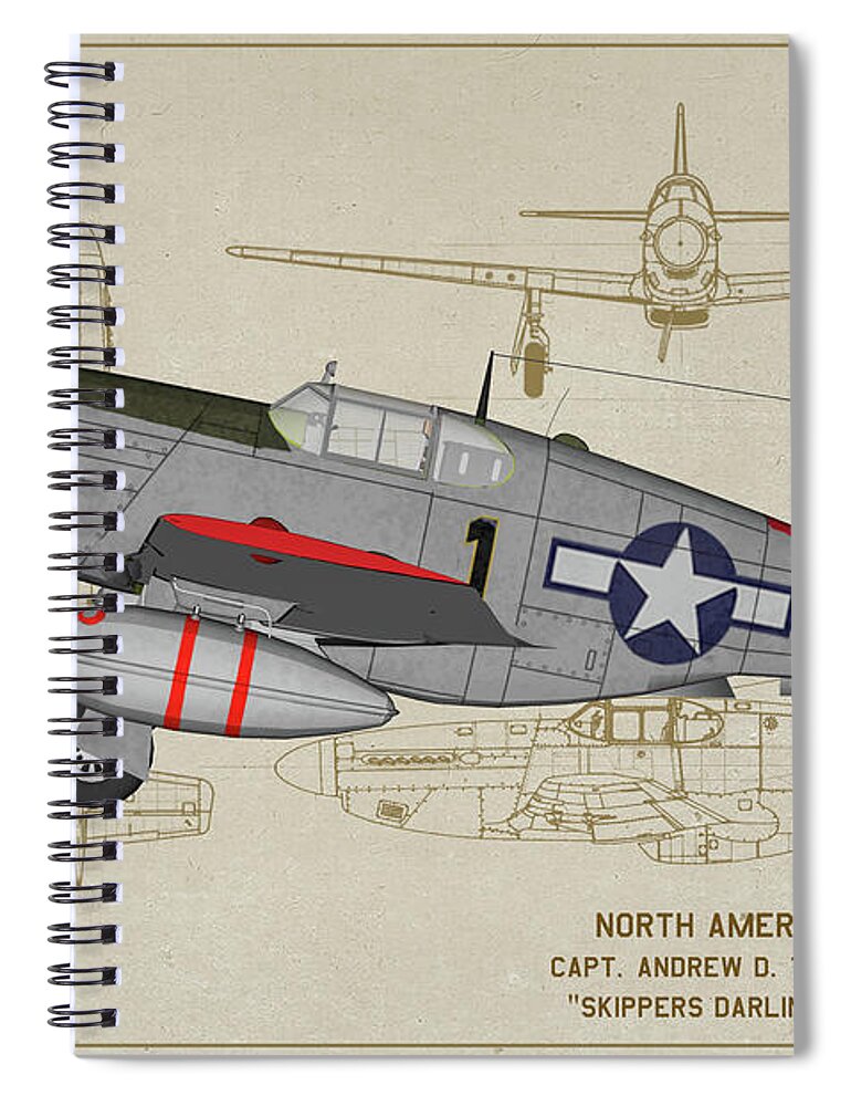 332nd Fighter Group Spiral Notebook featuring the digital art Tuskegee P-51C Skippers Darling Profile Art by Tommy Anderson