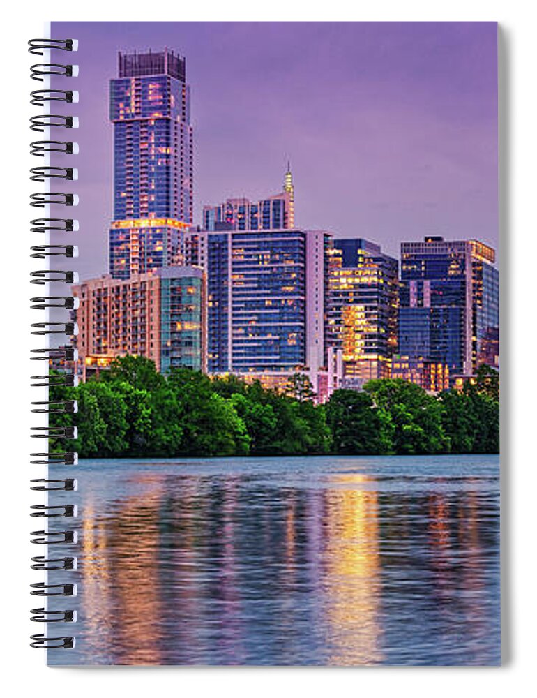 Downtown Austin Spiral Notebook featuring the photograph Twilight Panorama of Downtown Austin Skyline and Lady Bird Lake - Austin Texas Hill Country by Silvio Ligutti