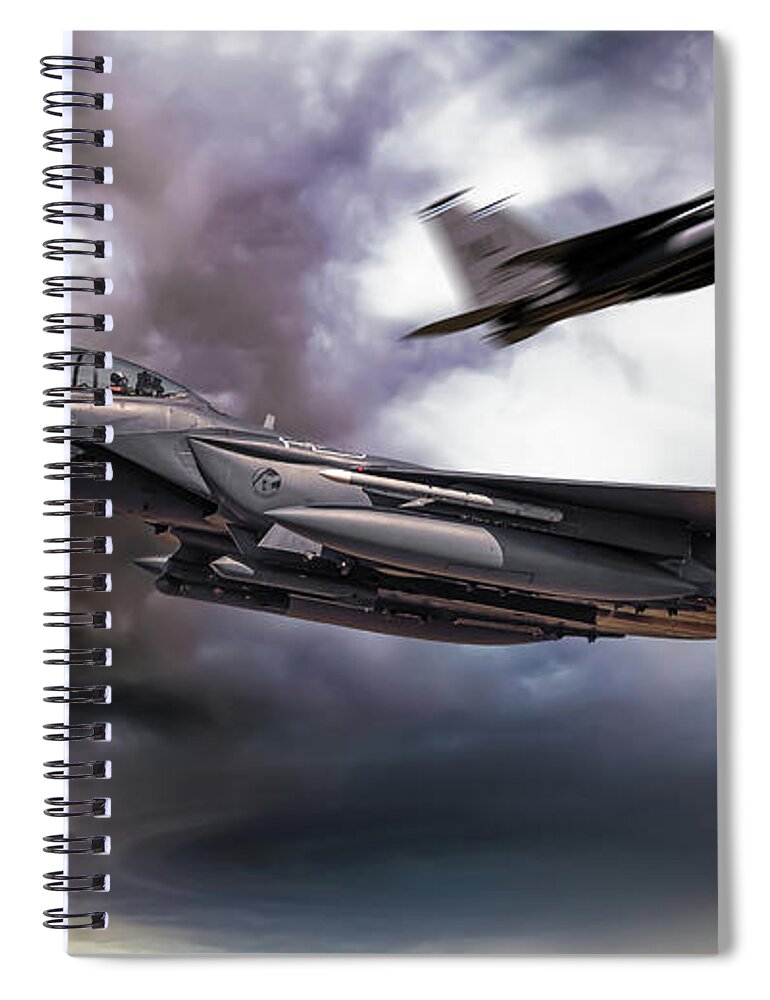 F15 Spiral Notebook featuring the digital art Two F-15E Strike Eagle passing in storm clouds by Simon Bratt