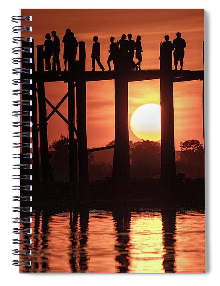 Sunset Spiral Notebook featuring the photograph U Bein Bridge Sunset by Chris Lord
