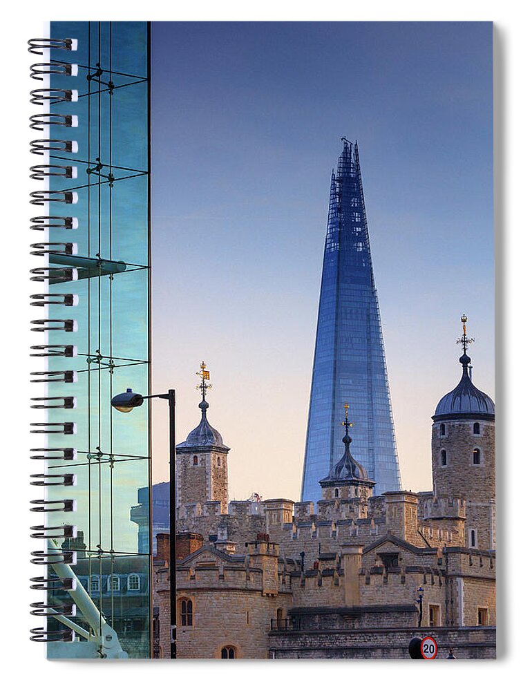Estock Spiral Notebook featuring the digital art United Kingdom, England, London, Great Britain, London Borough Of Tower Hamlets, Tower Of London With The Shard In The Background by Maurizio Rellini