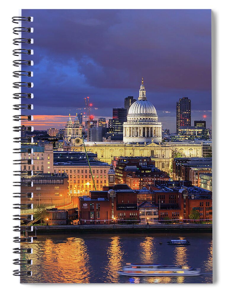 Estock Spiral Notebook featuring the digital art United Kingdom, England, London, Great Britain, Thames, City Of London, St. Paul's Cathedral Aerial View By Night by Maurizio Rellini