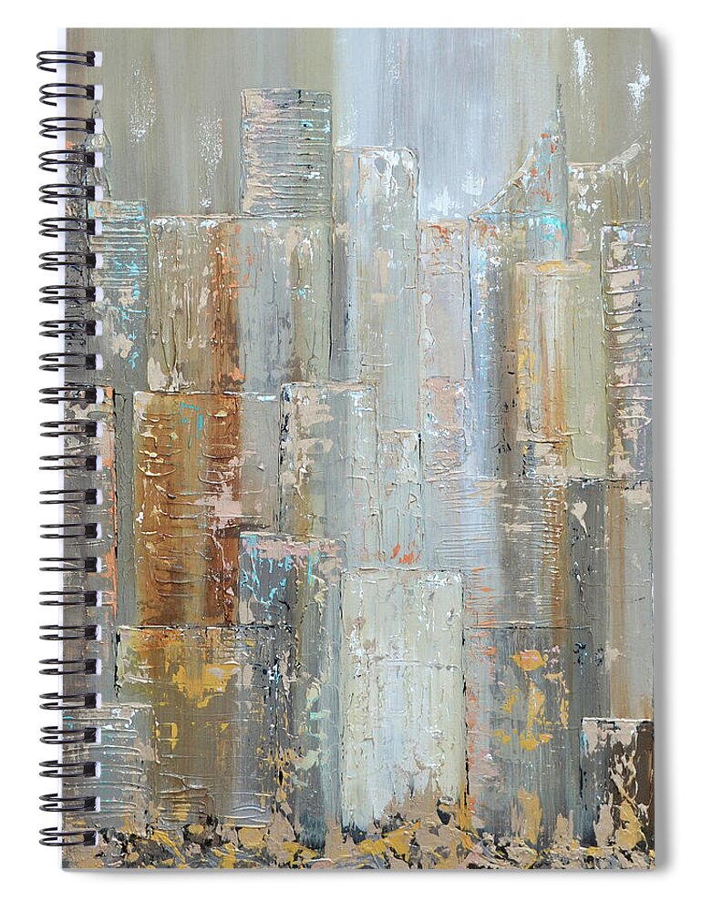 Urban Cityscape City New York Detroit Chicago Atlanta Gray Neutral Vertical Smoky Silver Gold Silver And Gold Reflection Waterscape Reflected Water Sky Nyc Day Lights Blue Pink Rose Gold Orange Rust City Light Turquoise Spiral Notebook featuring the painting Urban Reflections I Day Version by Shadia Derbyshire