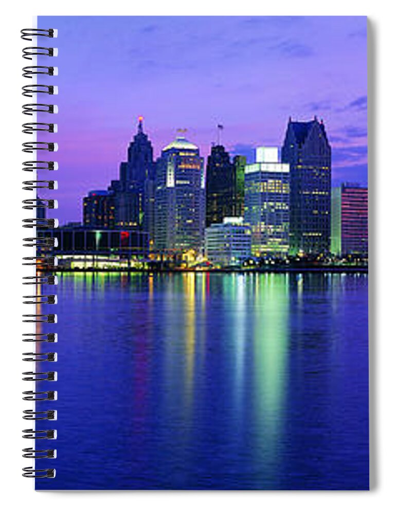 Panoramic Spiral Notebook featuring the photograph Usa, Michigan, Detroit Skyline, Night by Jeremy Woodhouse