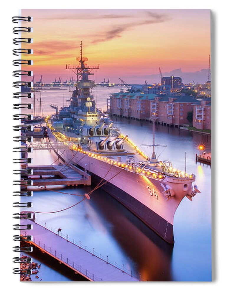 Donnatwifordphotography.com Spiral Notebook featuring the photograph USS Wisconsin at Dusk by Donna Twiford