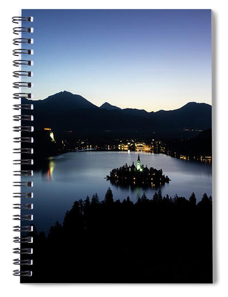 Bled Spiral Notebook featuring the photograph View of Lake Bled from Ojstrica at dawn by Ian Middleton