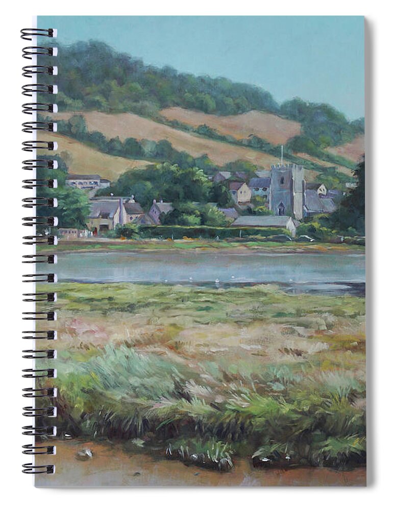 River Spiral Notebook featuring the painting Village of Axmouth on the river Axe by Martin Davey