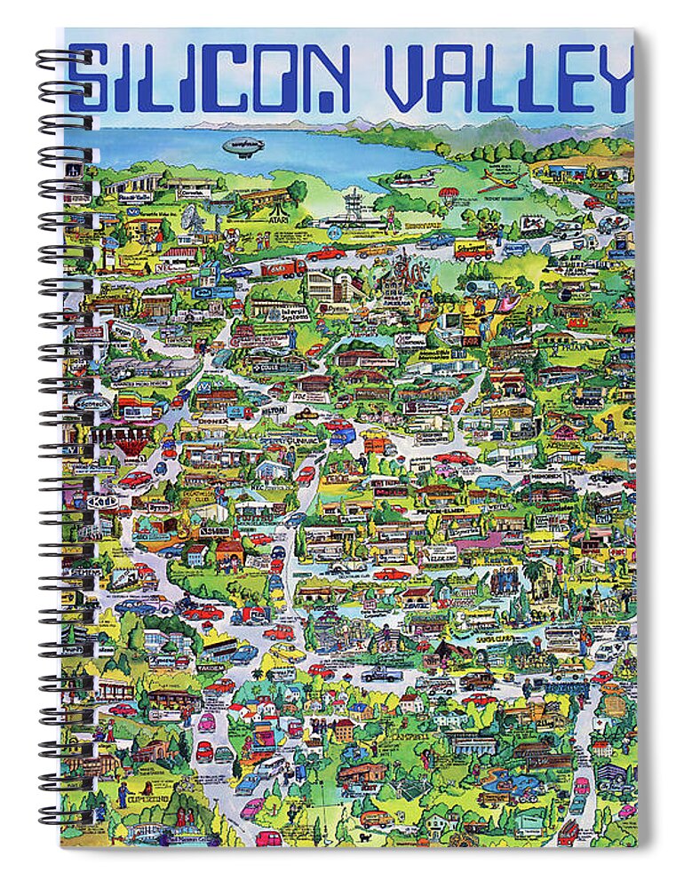 Silicon Valley Spiral Notebook featuring the mixed media Vintage 1982 Silicon Valley USA Poster Print, Shows Many Historic Companies and Places by Kathy Anselmo