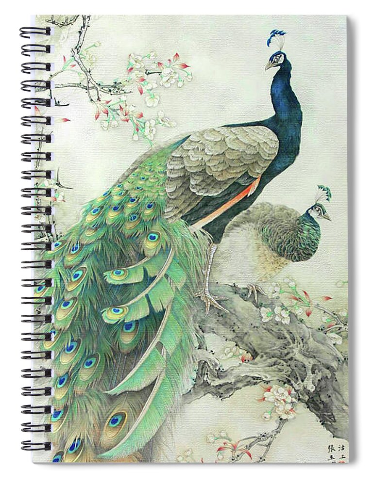 Vintage Spiral Notebook featuring the painting Vintage Art - Pair of Peacocks in tree by Audrey Jeanne Roberts