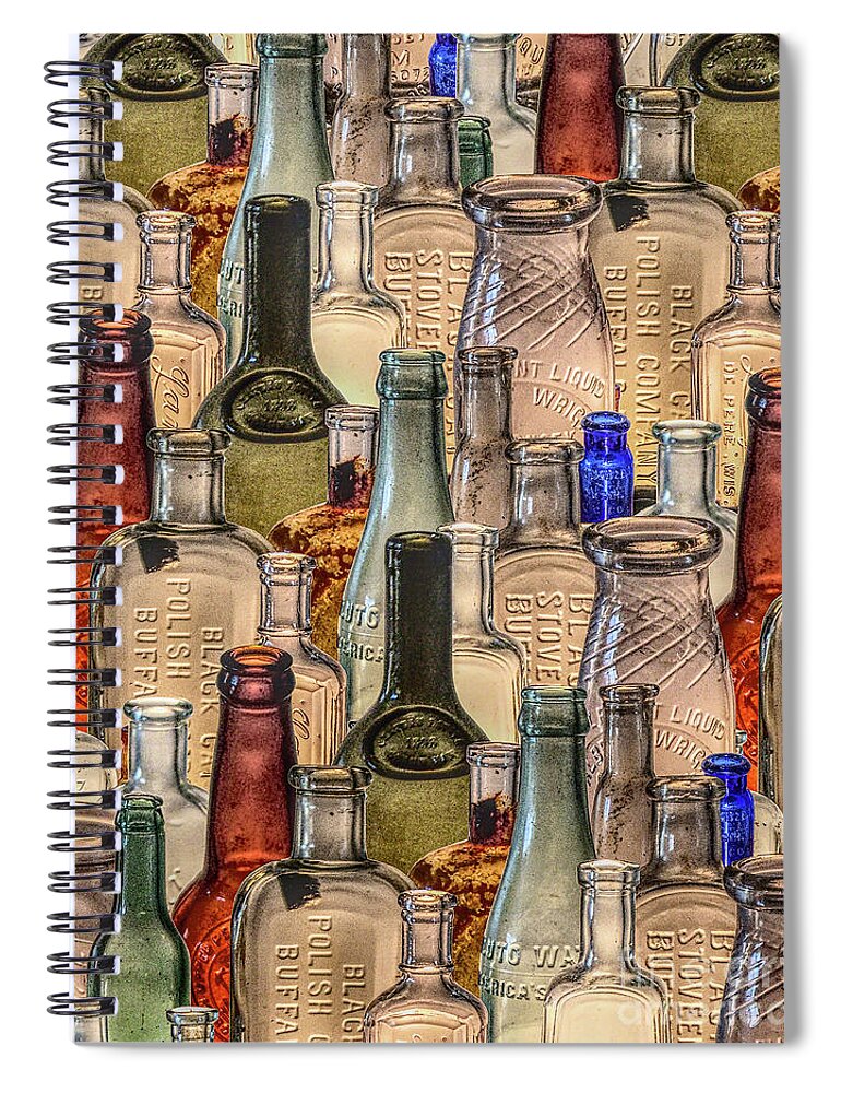 Vintage Spiral Notebook featuring the digital art Vintage Glass Bottles Collage by Phil Perkins
