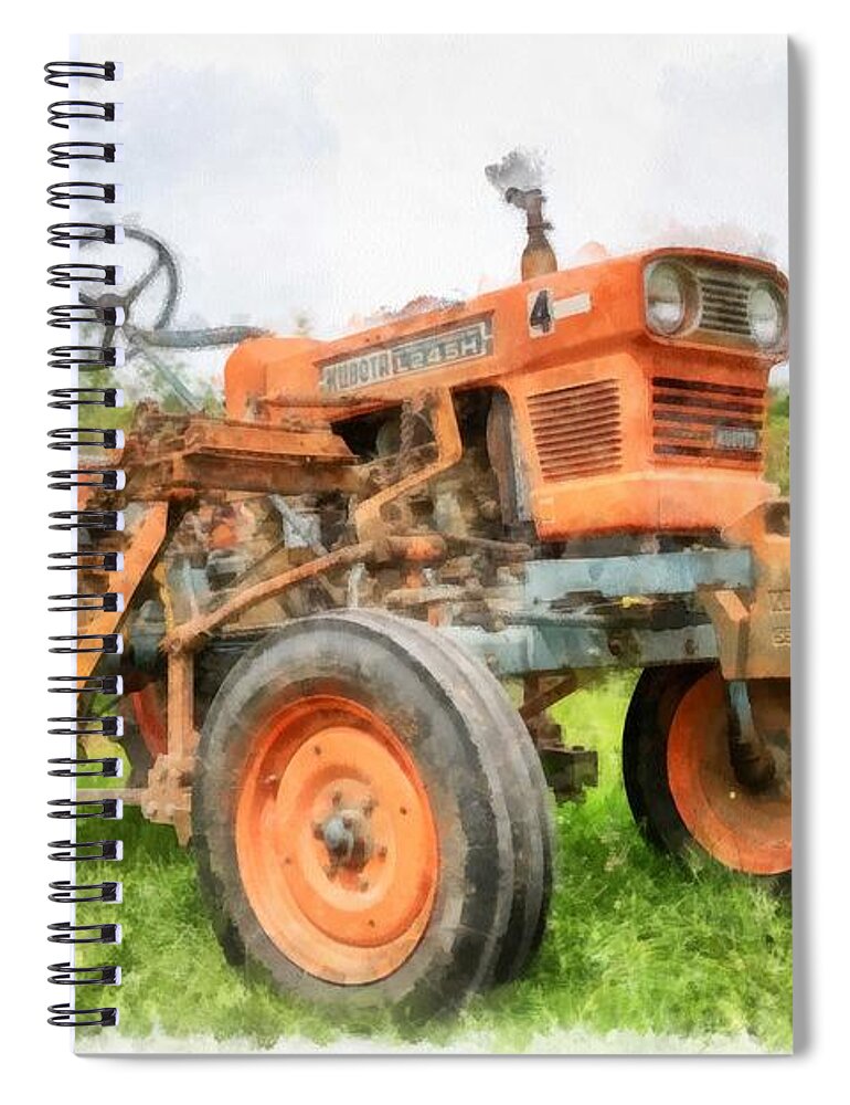 Watercolor Spiral Notebook featuring the digital art Vintage Orange Farm Tractor in Vermont by Edward Fielding