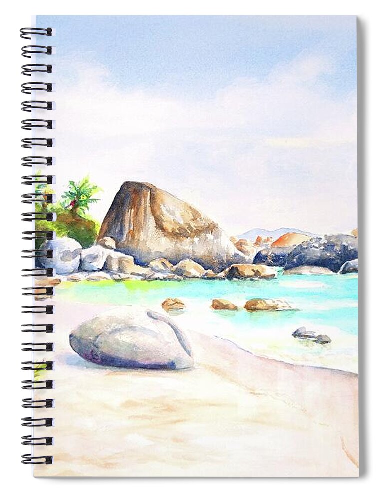 Tropical Beach Spiral Notebook featuring the painting Virgin Gorda Little Trunk Bay by Carlin Blahnik CarlinArtWatercolor