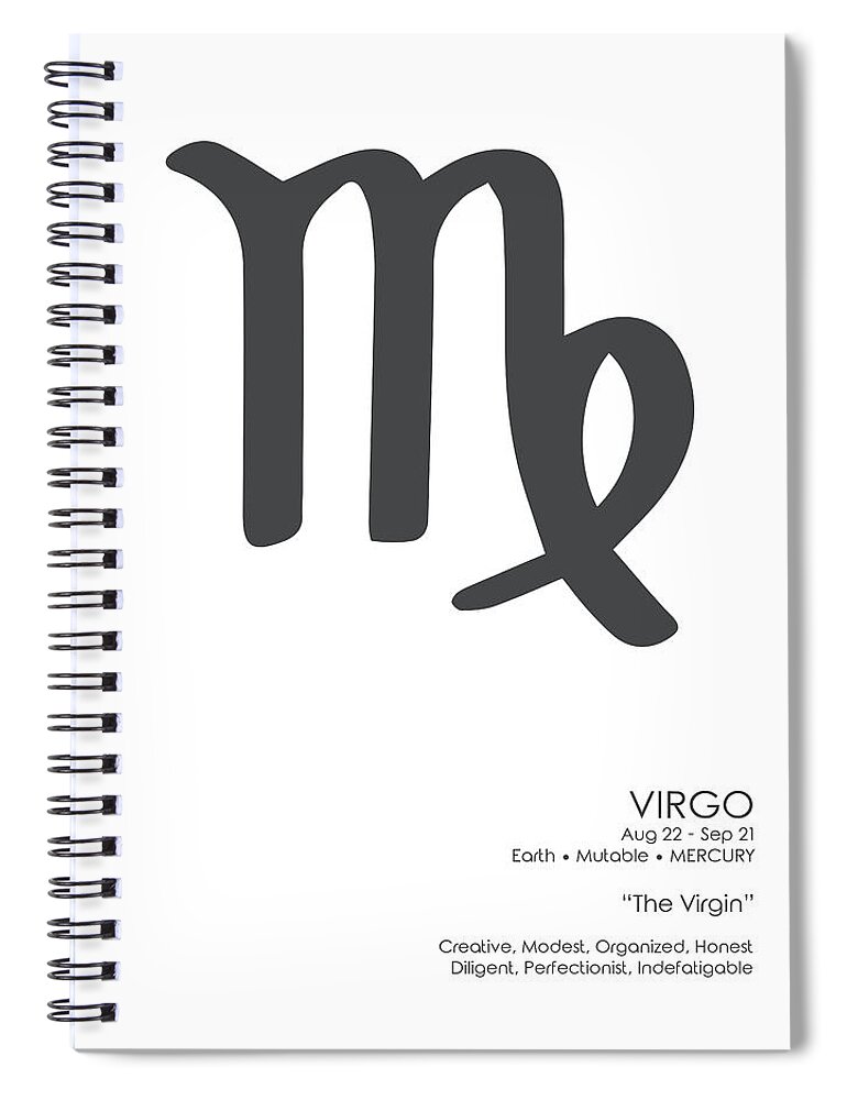 Virgo Spiral Notebook featuring the mixed media Virgo Print - Zodiac Signs Print - Zodiac Posters - Virgo Poster - Black and White - Virgo Traits by Studio Grafiikka