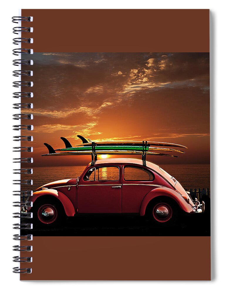 Volkswagen Spiral Notebook featuring the photograph Volkswagen Beetle With Surfboards At Sunset by Larry Butterworth