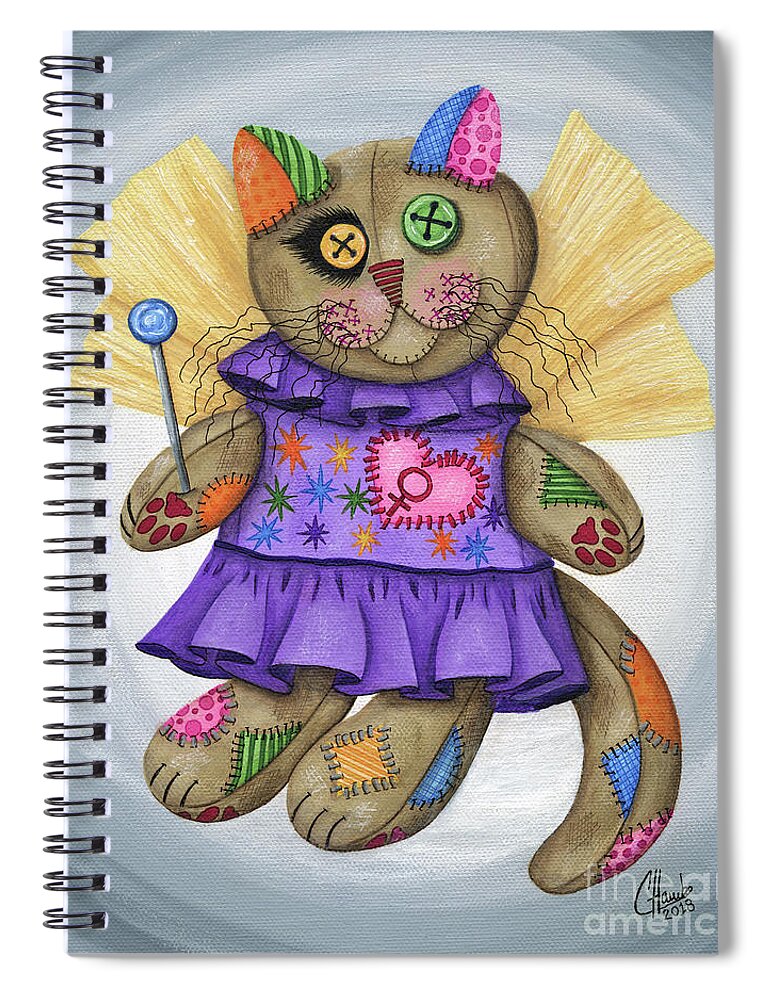 Cat Decor Spiral Notebook featuring the painting Voodoo Empress Fairy Cat Doll - Patchwork Cat by Carrie Hawks