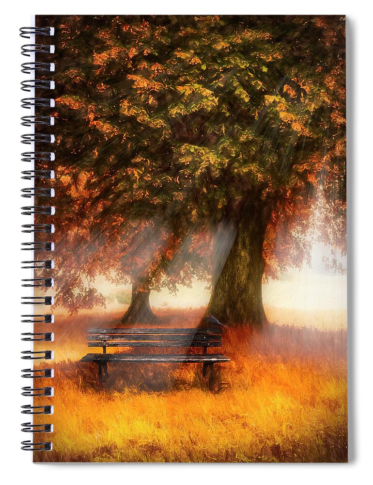 Fall Spiral Notebook featuring the photograph Waiting for You in Autumn Mists by Debra and Dave Vanderlaan