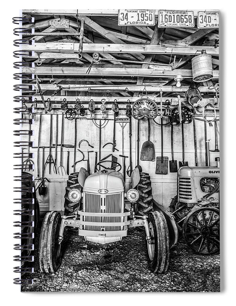 Appalachia Spiral Notebook featuring the photograph Waiting in the Garage Tools and Tractors in Black and White by Debra and Dave Vanderlaan